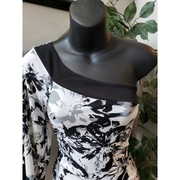 RUBY ROX Asymmetric Dress Womens Medium White Black Floral Ruched One Shoulder - Picture 9 of 11